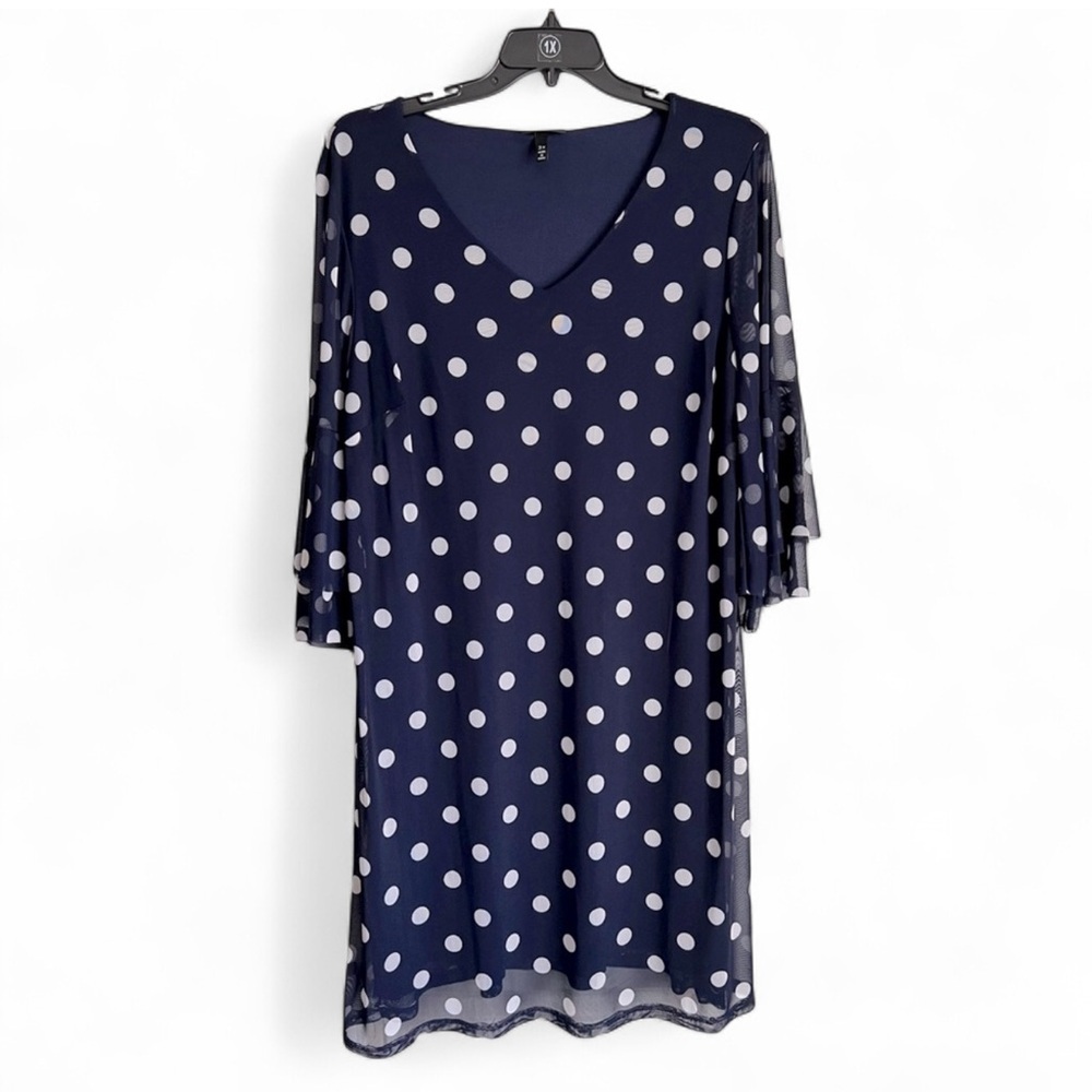 Allison Brittney Navy & White Polka Dot Bell Sleeve Sheath Dress - Picture 2 of 6